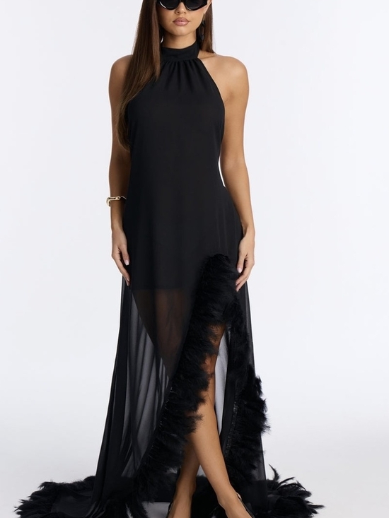 Fashion Nova Dresses & Skirts - Fashion Nova Black Halter High-Low Feather Trim Gown